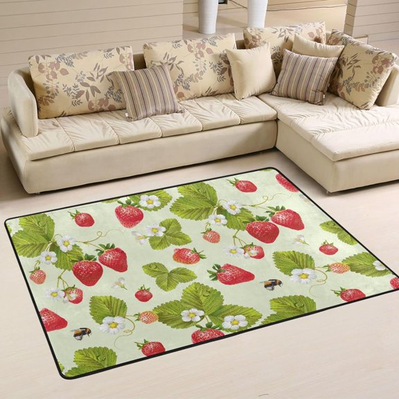 SKYSONIC 72x48in Strawberry Flower Area Rug, Sweet Summer Fruits Floor Carpet for Indoor Living Dining Room and Bedroom Area