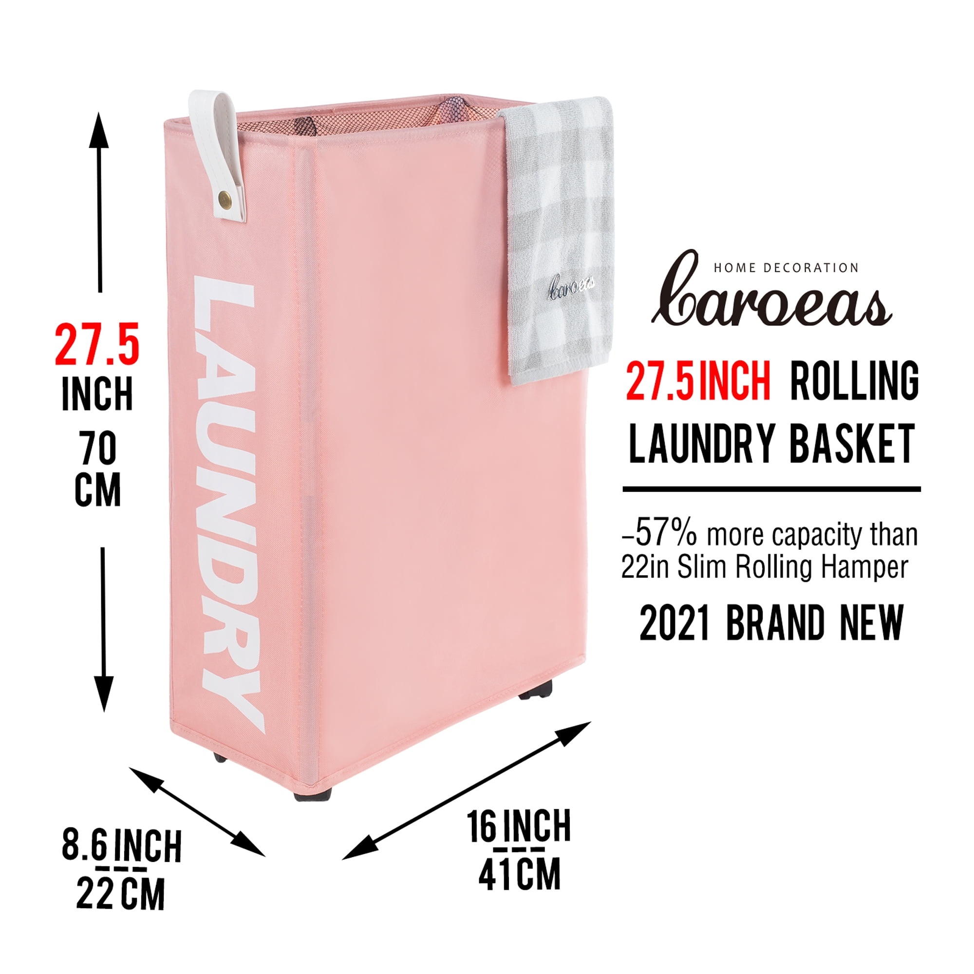 Caroeas x-Large Slim Laundry Baskets 27" Tall with Leather Handle, Laundry Basket on Wheels , Collapsible Laundry Hamper, Rolling Hamper Dorm Baskets (Pink)