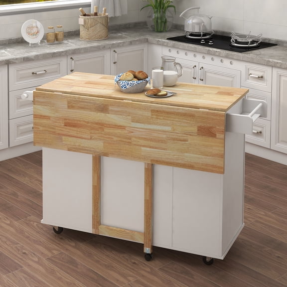 Knubmt Wood Top Kitchen Island Cart with Wheels and Spice Rack and Towel Rack, Perfect for Dining Room, Kitchen, White