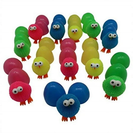 Pre-Filled Plastic Easter Eggs with Spiky Puffer Chicks , Ideal for Hunt and Baskets, Gift for Kids, Prize Box Toys for Classroom, Party Favors for Birthday, Holiday, School, Hunting Supplies, 12 PCs.