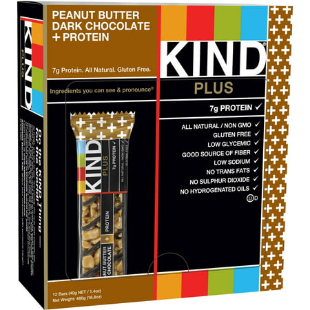 KIND, en plus des bars de beurre d'arachide au chocolat noir + protéines, 1,4 oz, 12 Count