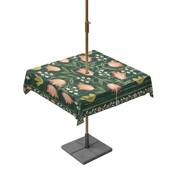 Square Outdoor Tablecloth with Umbrella Hole Rustic Tulip Flower Table Cloth Waterproof Patio Table Cover Retro Ethnic Floral Plants Birds Green Zipper Tablecloths for Picnic Camping 54x54 Inch