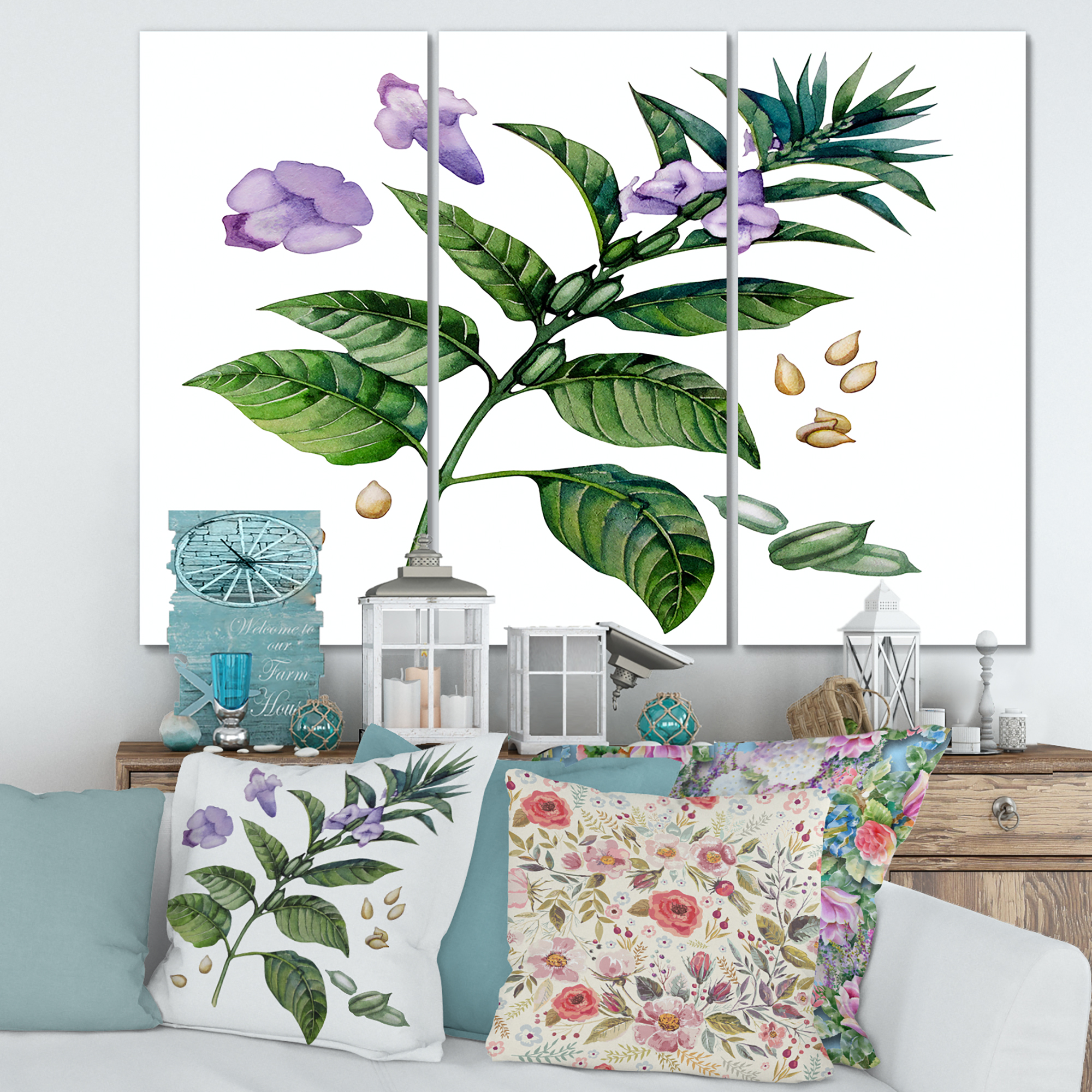Purple Sesame Flowers WIth Green Leaves On White 28 in x 36 in Painting Canvas Art Print, by Designart