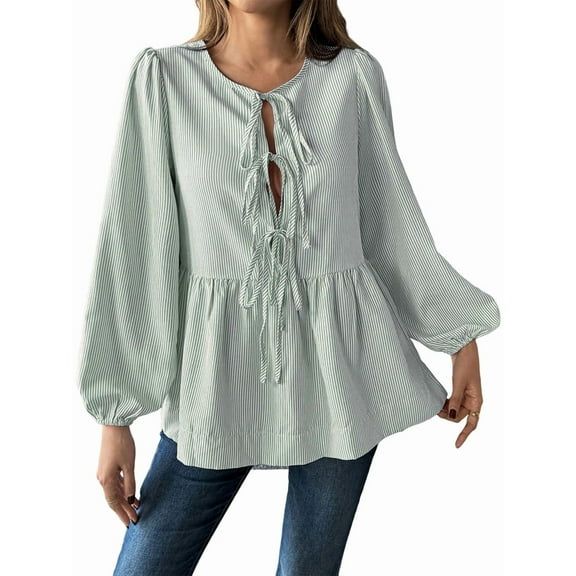 Womens Lace Up Tie Font Y2k Tops Puff Sleeve V Neck Blouse Loose Fit Summer Cute Clothes Light Green XXL