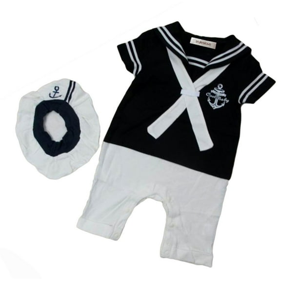 Styles I Love Baby Boy Sailor Costume Romper and Hat 2-Piece Outfit for Halloween, Cosplay, Birthday Event, Holiday and Special Occasion (Navy Blue, 80/6-12 Months)