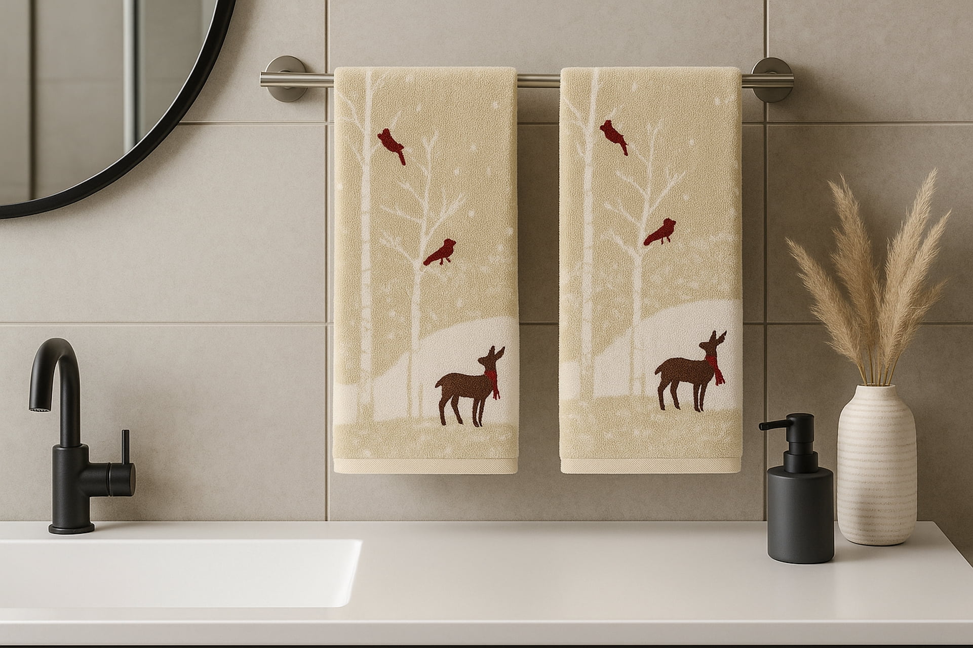 St. Nicholas Bath Hand Towels, Woodland Winter Deer Cardinals, 16" x 25" Cotton 2-piece