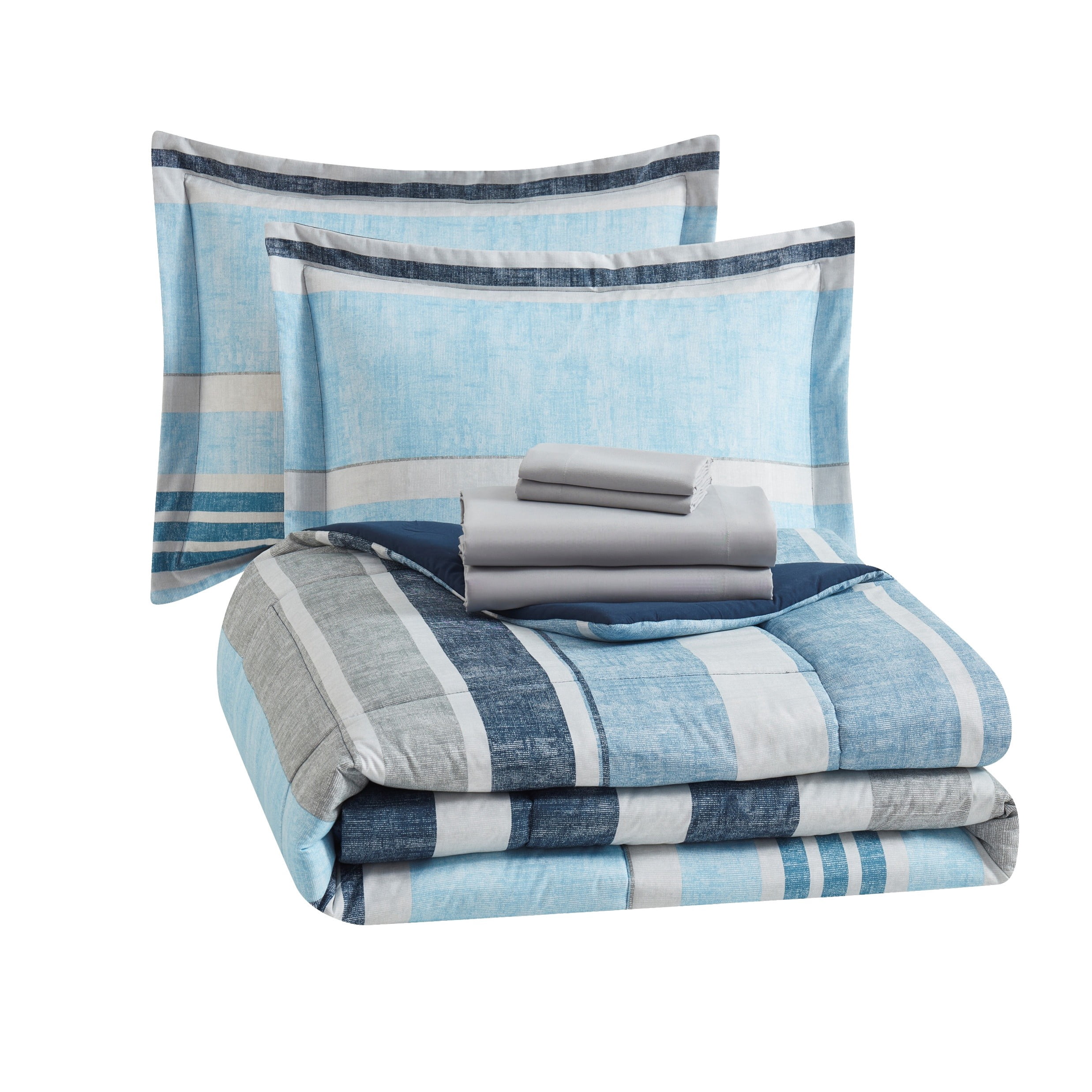 Mainstays All in One Reversible Comforter and Sheet set- 7 Piece, King, Blue Stripe