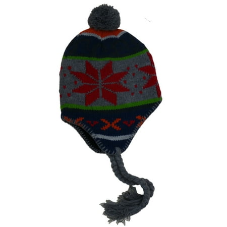 Free Authority Mens Blue & Red Snowflake Pom Top Peruvian Trapper Hat