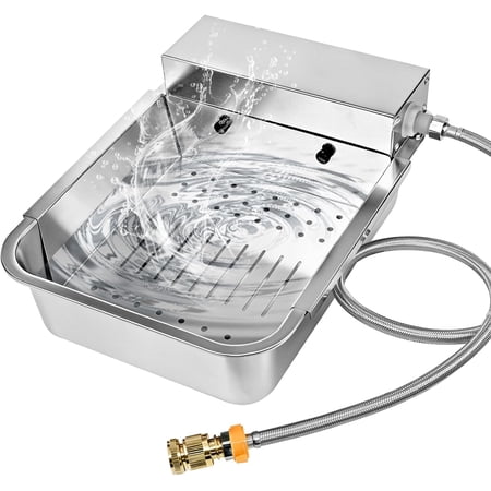 Automatic Dog Water Dispenser with Drain Hole & Sink Strainer Stainless Steel Auto Dog Water Bowl with Float Valves Hose Quick Connect Fitting for Livestock Chicken Horse (4 Gallons)