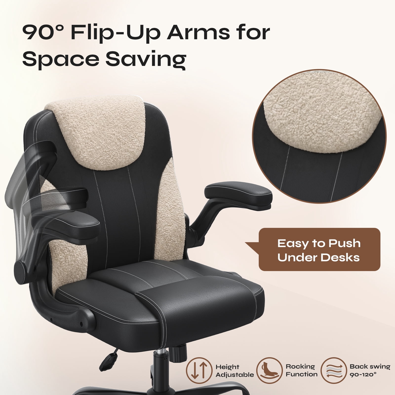 Pinmoco Ergonomic PU Leather Office Chair, High Back Executive Computer Desk Chair with Double-Layer Cushion, Swivel Gaming Chair with Wheels and Flip-Up Armrests, Black White