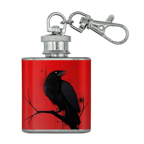 Crow on Branch Stainless Steel 1oz Mini Flask Key Chain
