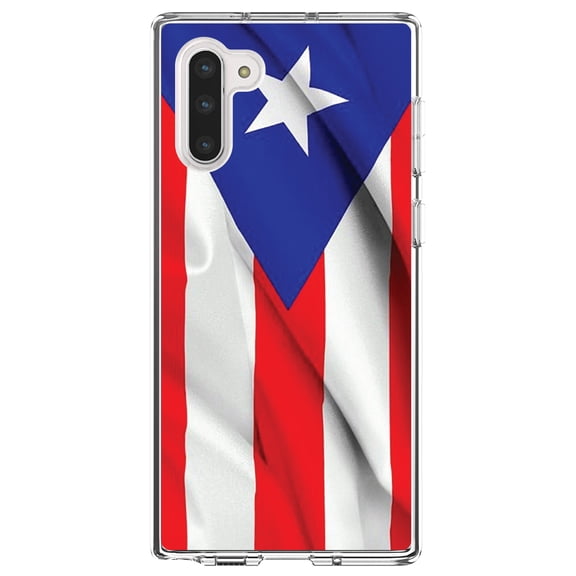 DistinctInk Clear Shockproof Hybrid Case for Samsung Galaxy Note 10 (6.3" Screen) - TPU Bumper, Acrylic Back, Tempered Glass Screen Protector - Red White Blue Puerto Rico Flag