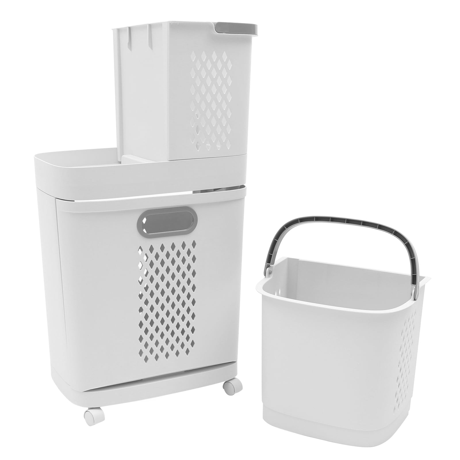 2 Tier PP Vertical Rolling Laundry Cart with 4 Wheels 3 Removable Hollowed Out Laundry Hampers for Laundry, Towels, Blankets and Bathroom Organization