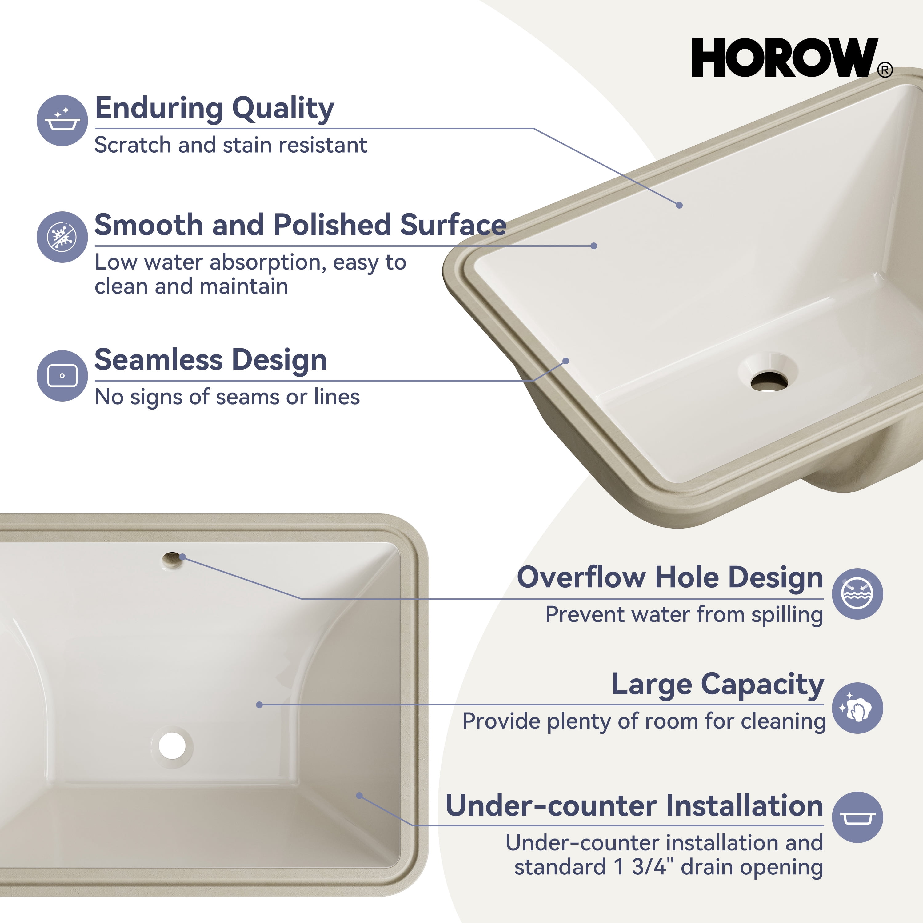 HOROW 20 x 15 Inch Undermount Bathroom Sink Rectangle with Overflow, White Ceramic Under Counter Bisque