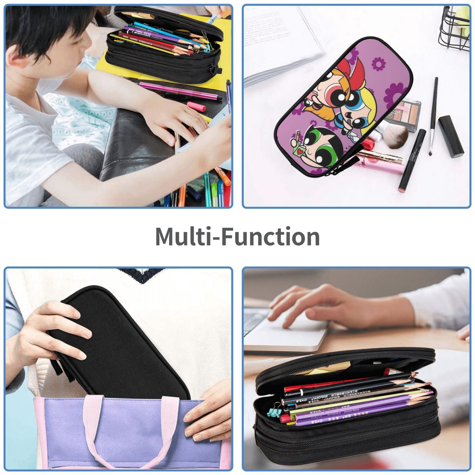 The Powerpuff Gi-rls Pencil Case Large Capacity Pencil Pouch Penbag Office Stationery Organizer Travel Makeup Bag Black
