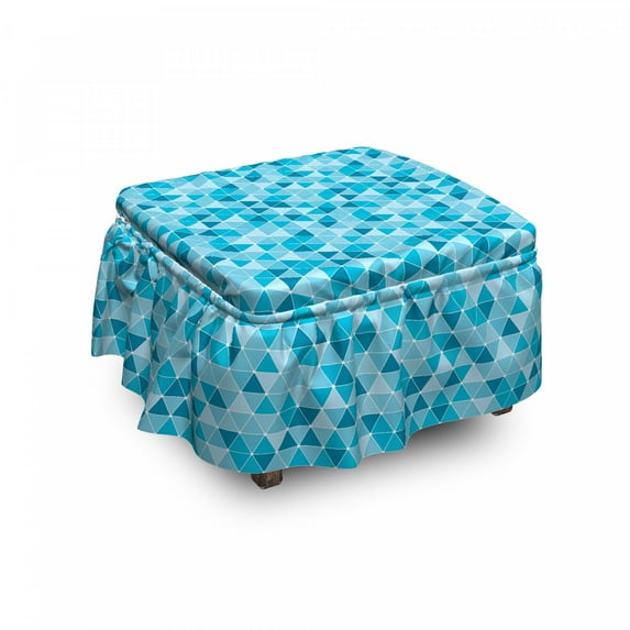 Blue Ottoman Cover, Geometric Triangles Mosaic, 2 Piece Slipcover Set with Ruffle Skirt for Square Round Cube Footstool Decorative Home Accent, Standard Size, Blue Sky Blue Pale Blue, by Ambesonne