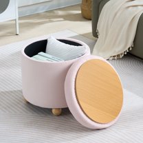 Round Velvet Storage Ottoman with Reversible Tray Lid, Tufted Upholstered Footrest Stool with Wooden Legs