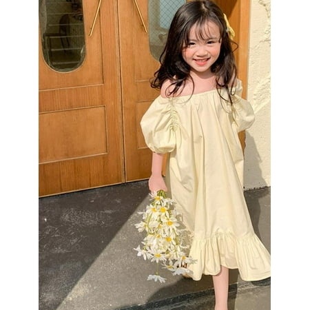 

SUPERHOMUSE Summer Girls Korean Sweet Ruffle Dress Kids Girls Casual Long Dresses 2-7Years