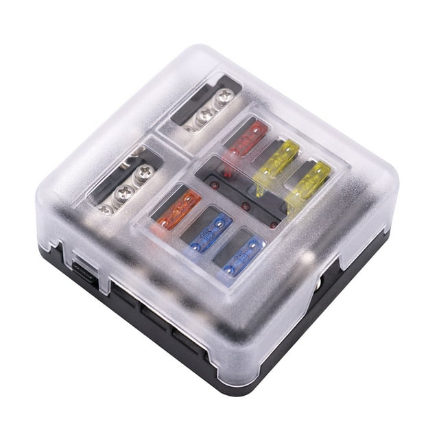 Graflsoa Black 1-in-6-Out Fuse Box with LED Indicator, PC Cover & PBT Base, 32V DC, 30A Max per Circuit, Includes Multiple Fuses and Accessories