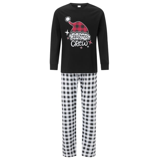Pijamas navideños para toda la familia: camisetas de manga larga con estampado de gorro de Papá Noel y pantalones a rayas. Ropa de dormir navideña.