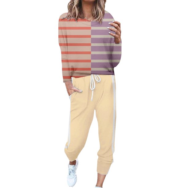 Gibobby Conjunto de sudadera para mujer Conjunto de pantalones casuales con cordones de manga larga y cuello redondo a color block a la moda para mujer(Naranja,G)