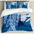 thumbnail image 1 of Astronaut Queen Size Duvet Cover Set, Astronaut Proudly Walks Moon in Backdrop Walk on the Moon Space Adventure, Decorative 3 Piece Bedding Set with 2 Pillow Shams, Night Blue White, by Ambesonne, 1 of 3