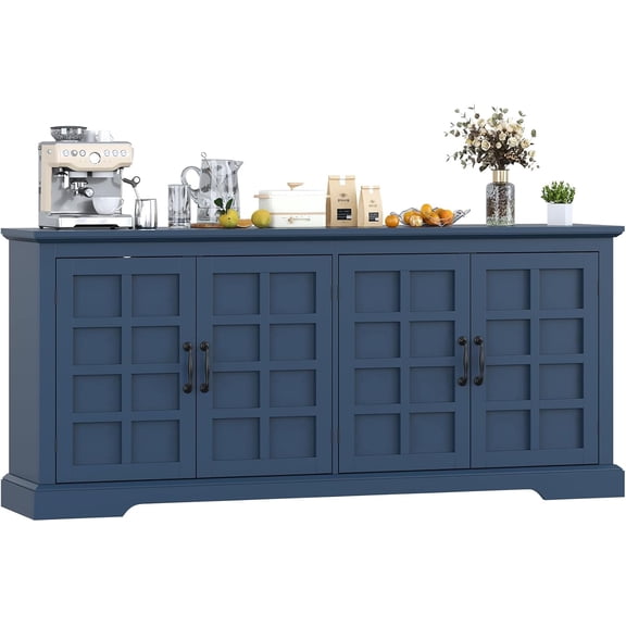 VVFLU 70.2" W Buffet Cabinet with 4-Doors, Farmhouse Credenza Sideboard with Adjustable Shelves for Kitchen Dining Room, Blue