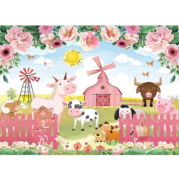 Farm Animals Backdrop Cartoon Barn Tractor Newborn Baby Birthday Party r Photography Background Banner Photo Studio