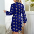thumbnail image 6 of Royal Fleur De Lys Blue Night Robe Long Sleeve V Neck Robe With Belt Women's Sleepwear Dresses, 6 of 9