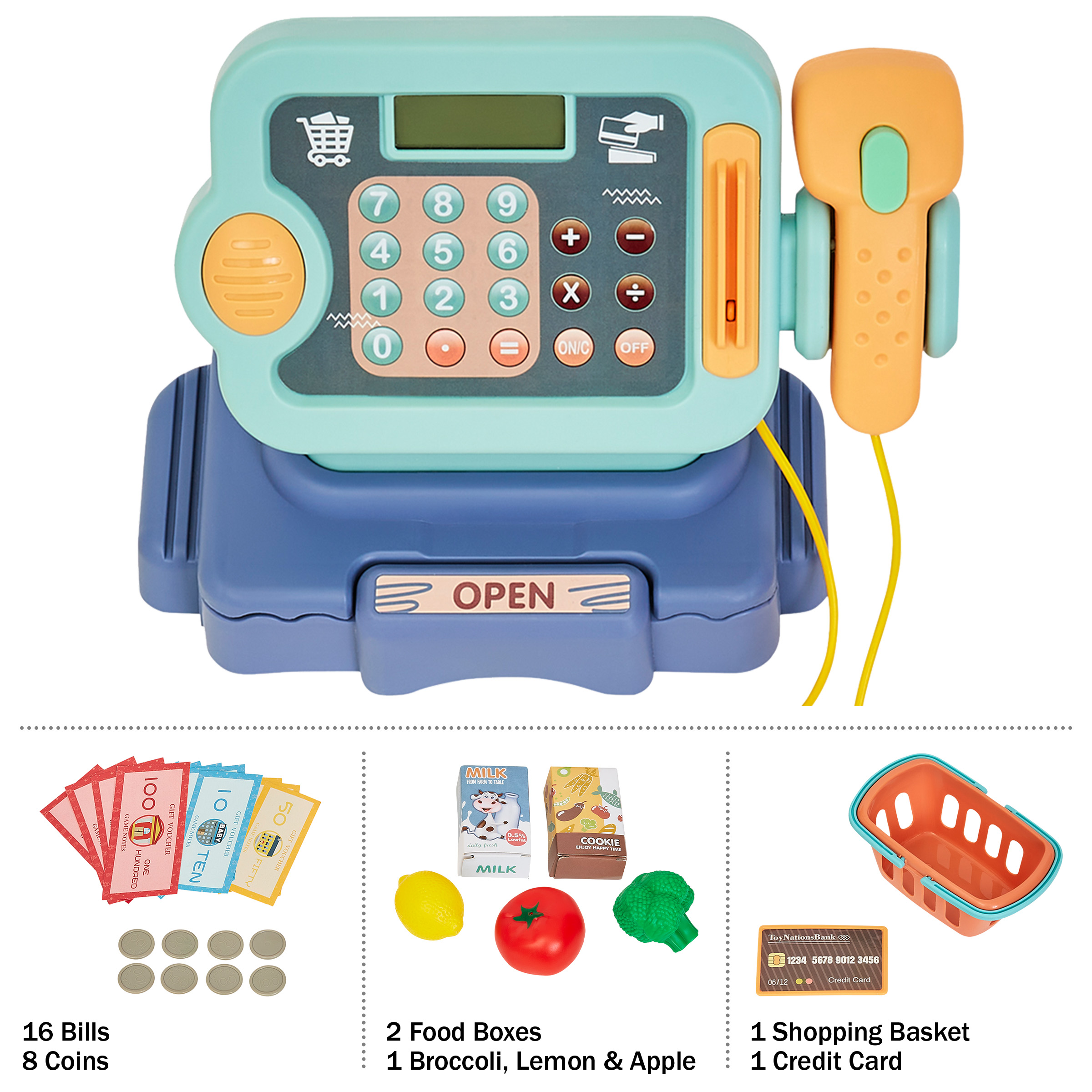 Cash Register for Kids – 30-Piece Set for Grocery Store Pretend Play with Shopping Basket, Toy Money, and Working Calculator by Hey Play (Blue)