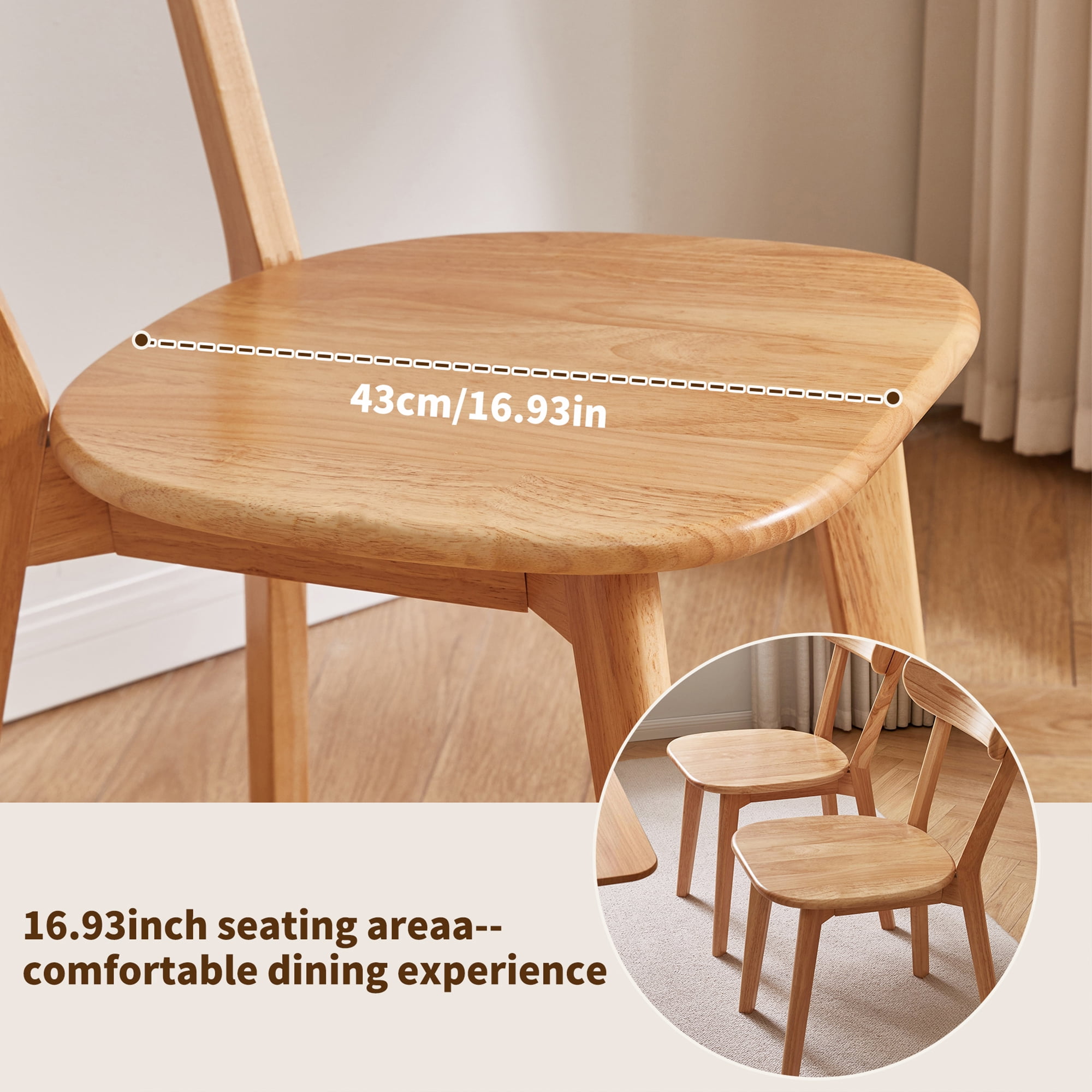 Dining Chairs Set of 2, Solid Rubberwood Kitchen Chairs with Curved Backrest, Wooden Accent Chairs for Vanity and Breakfast Nook, Natural Wood