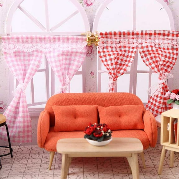 Joernso Miniature Curtain Realistic Gingham Fabric 1/12 Scale Simulated DIY Dollhouse Curtain for Living Room