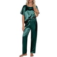 thumbnail image 3 of DAKIMOE Womens Silk Satin Pajama Set Short Sleeve Shirt with Long Pajamas Pant Set Two-piece Pj Sets Soft Sleepwear Loungewear Nightwear Pjs S-2XL, Green, M, 3 of 11