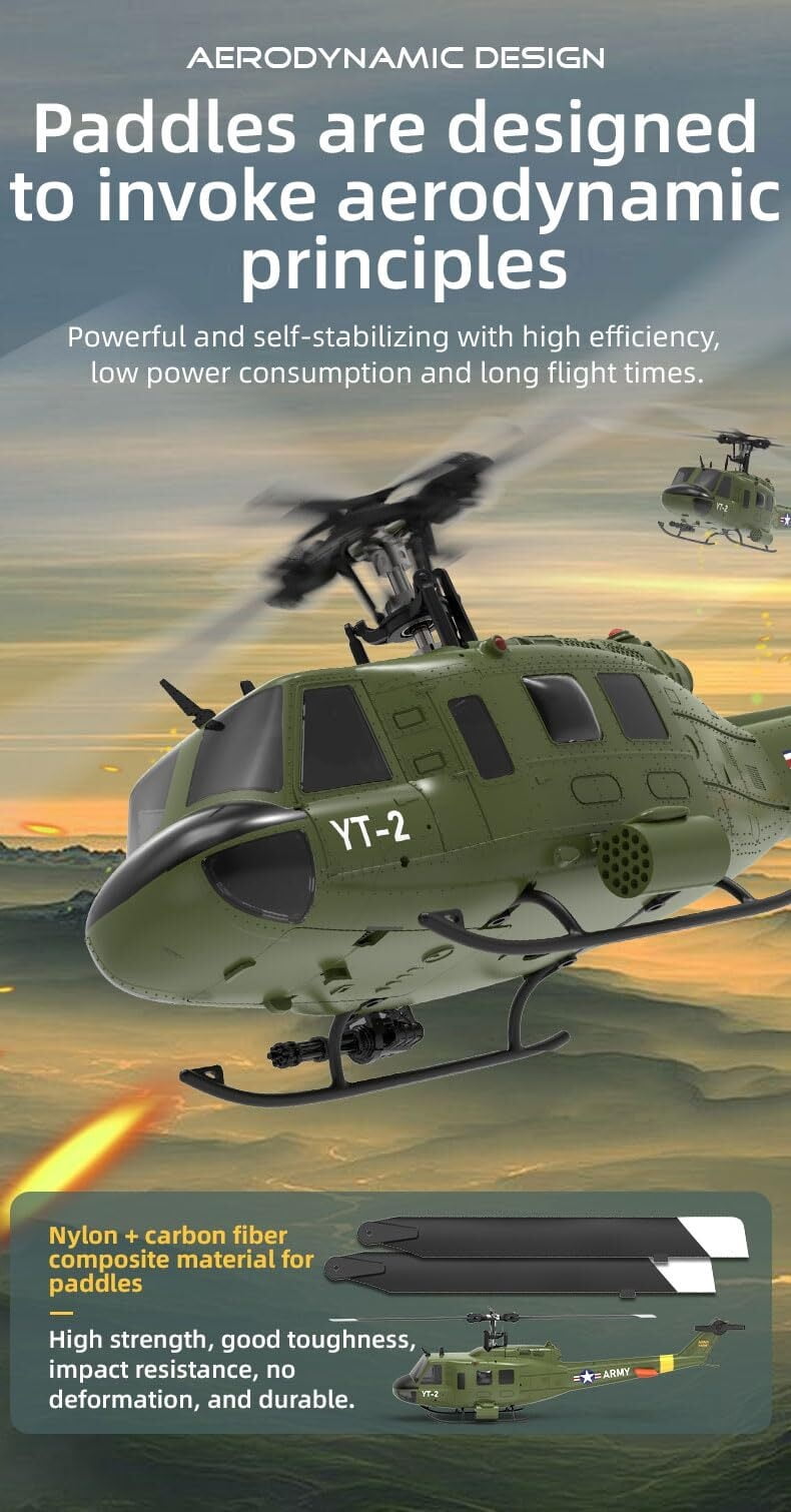 UH-1D RC Helicopter for Adults - 1/34 Scale 2.4G 6CH Brushless Flybarless Model with 6-Axis Gyro (Includes 2 Batteries) - Perfect for Hobbyists and Collectors