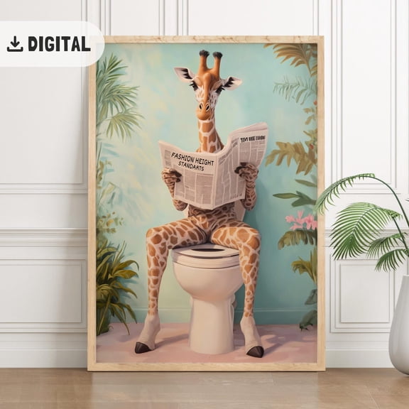 Giraffe Bathroom Poster, Wild Animal On Tet Wall Art, Giraffe Pooping, Maximalist Wall Decor, Restroom Decoration Wc Art, F041, Stretched Canvas Size 8x12
