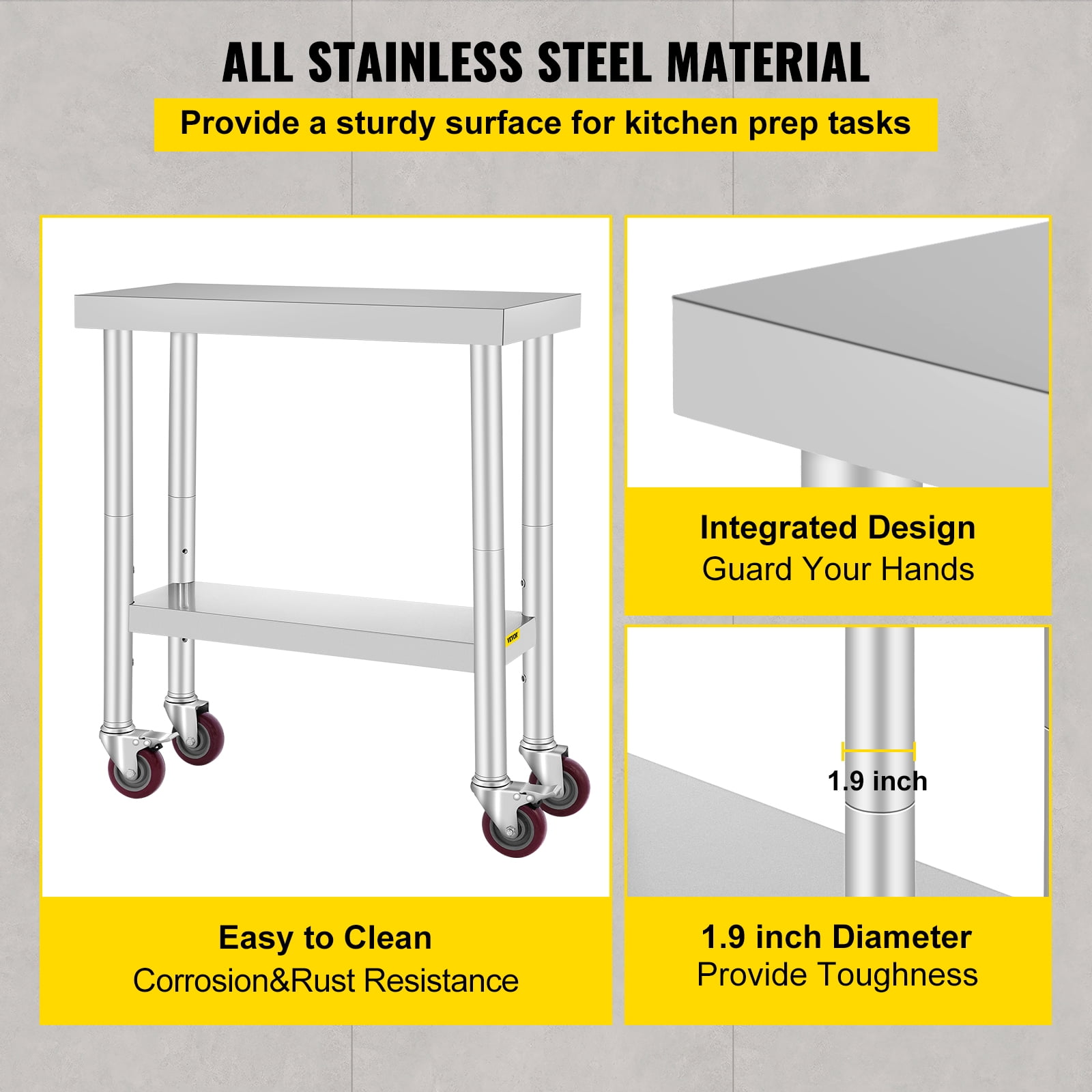 VEVORbrand 30 x 12 x 34 Inches Stainless Steel Work Table 3-Stage Adjustable Shelf with 4 Wheels Heavy Duty Commercial Food Prep Work Table with Brake for Kitchen