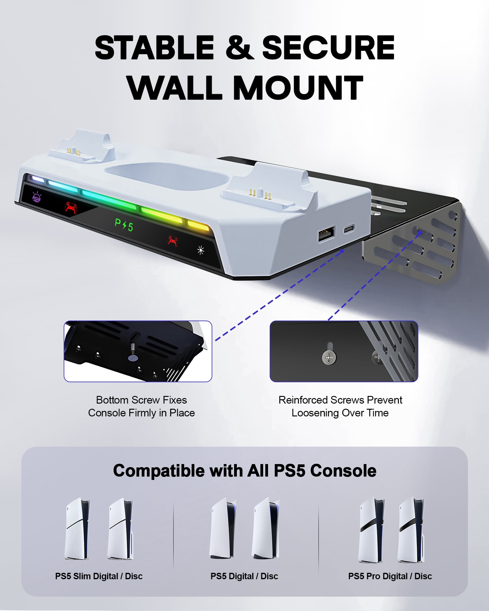 for PS5 Wall Mount Kit with 2-in-1 Charging Station, Floating Shelf Holder with Controller Fast Charger, 9 RGB Light Modes, for All PlayStation 5/Slim/Pro Disc & Digital Console