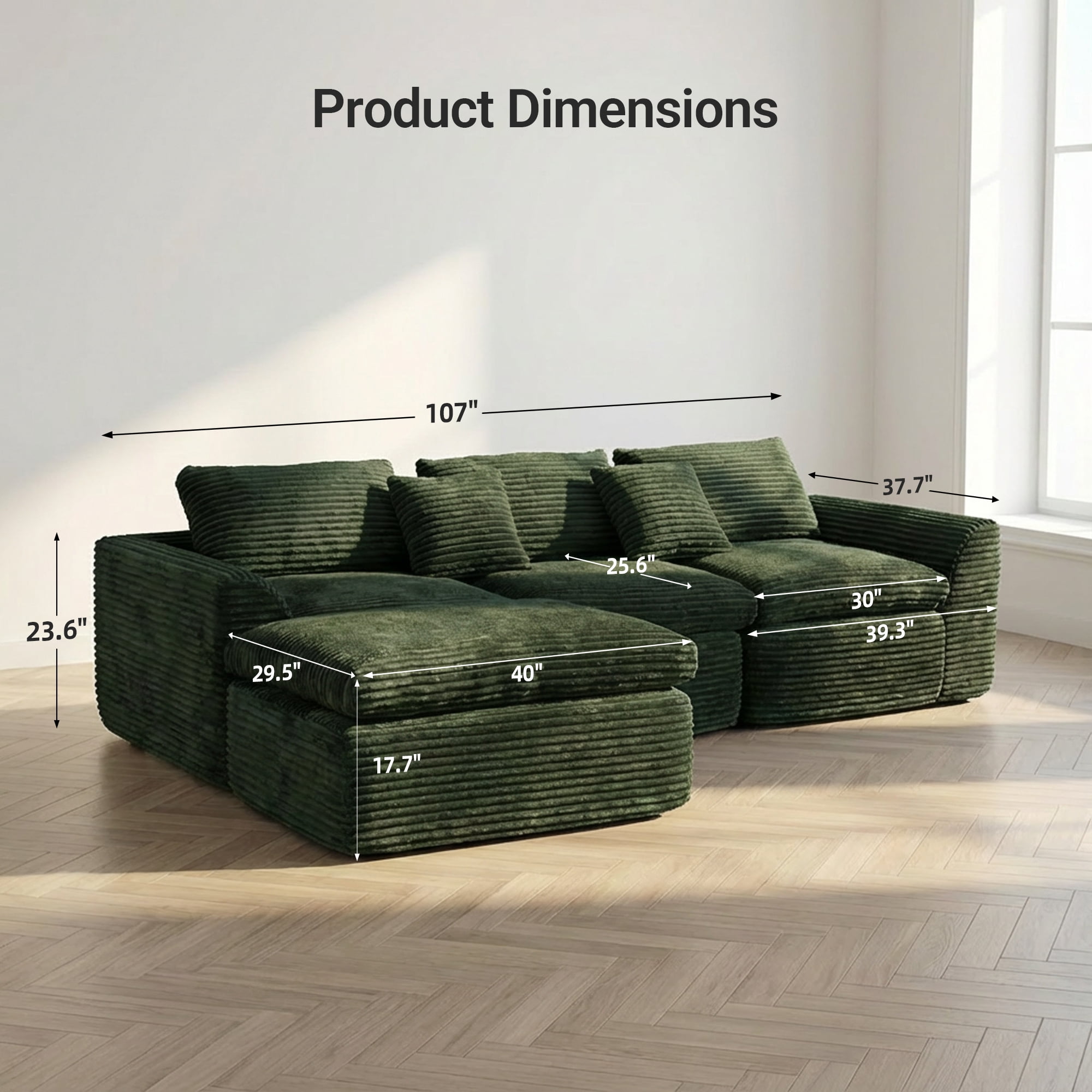 CARZZI 108'' Modular Sectional L-Shaped with Chair,Deep Seat Boneless Corner Couch for Living Room,Plush Corduroy Couch with Detachable Sofa Set,No Assembly(Left Facing Chaise，Green)