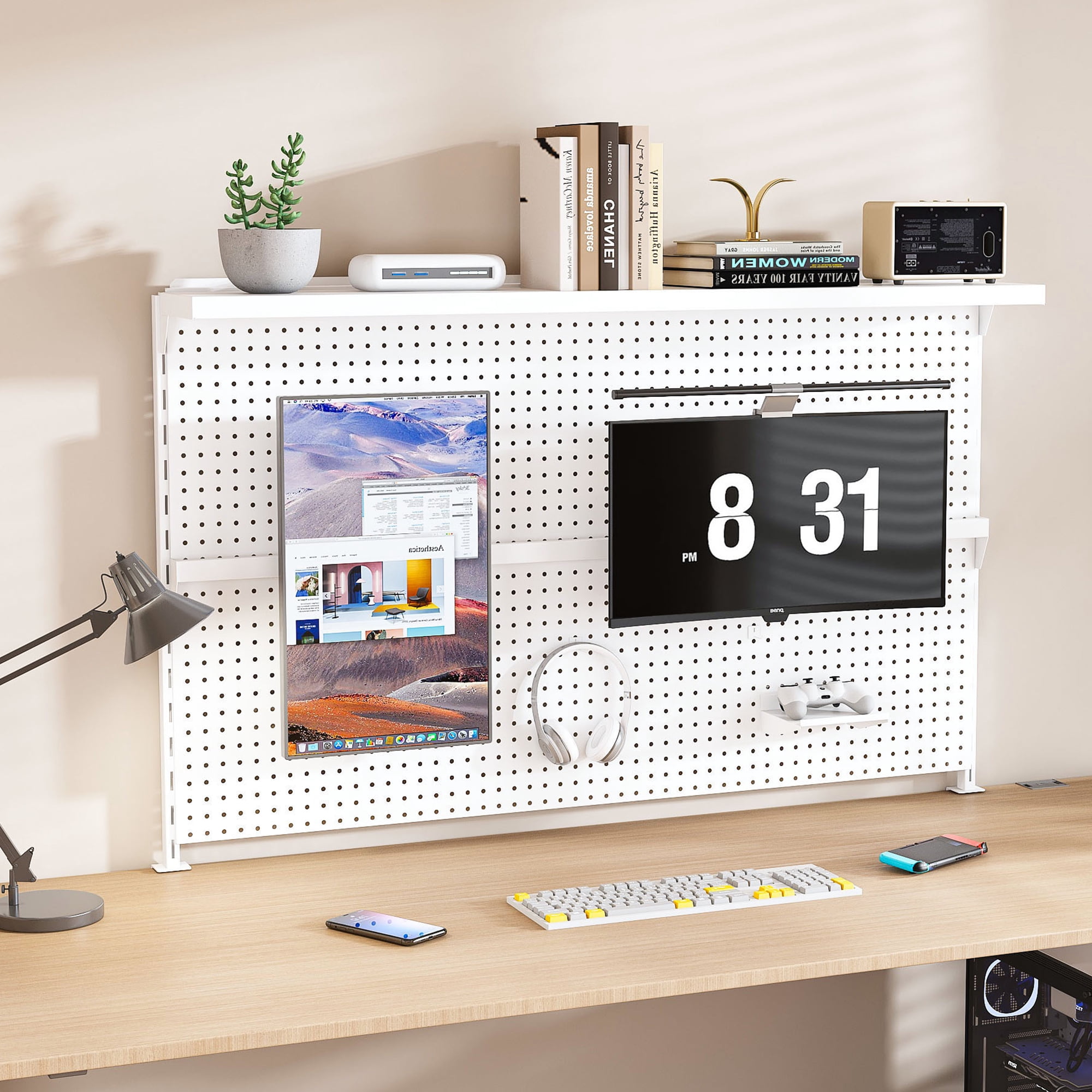 59x35 Inch Desk Pegboard, Metal Desk Organizer with Dual Monitor Stand, Large Privacy Panel with 3 Accessories, for Office, Study, Gaming Desk, White