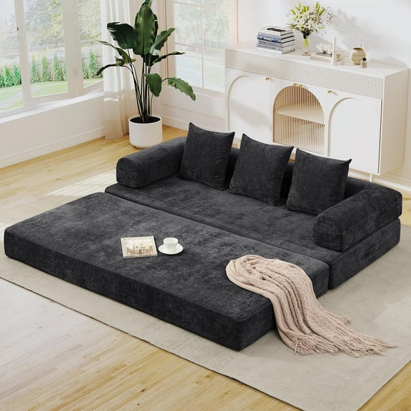 3 in 1 Convertible Futon Sofa Bed, Modern King Size Chenille Loveseat Sleeper Sofa Folding, 3-Seater Foldable Lounger Couch Bed for Living Room, Bedroom Guest Room, Black