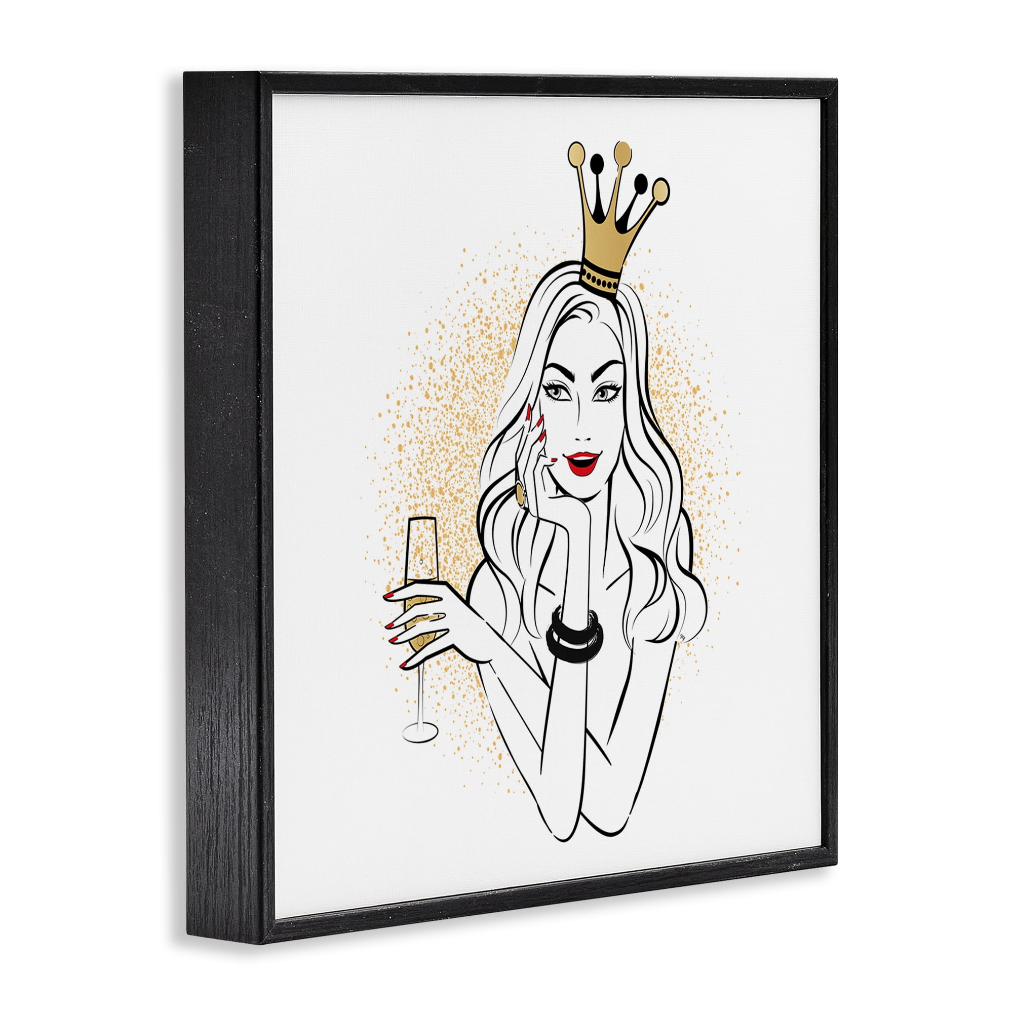 Stupell Industries Princess with Champagne Novelty Painting Black Framed Art Print Wall Art, 12 x 12