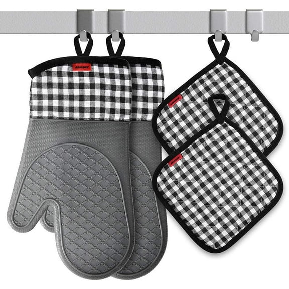Silicone Oven Mitts and Pot Holders Sets, Non-Slip Heat Resistant Oven Gloves for Cooking Baking Grilling 4 Piece Gray