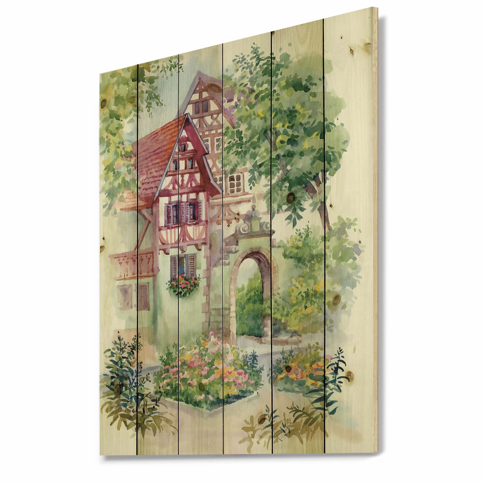 Designart 'Red Rustic House In The Country Side Landscape' Traditional Print on Natural Pine Wood