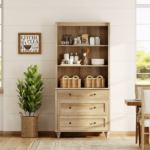 WAMPAT 3-Tier Bookshelf, 3 Drawers, 72" Tall Bookcase, Farmhouse Library Bookshelves, Wood Bookshelves for Living Room, Kitchen, Oak