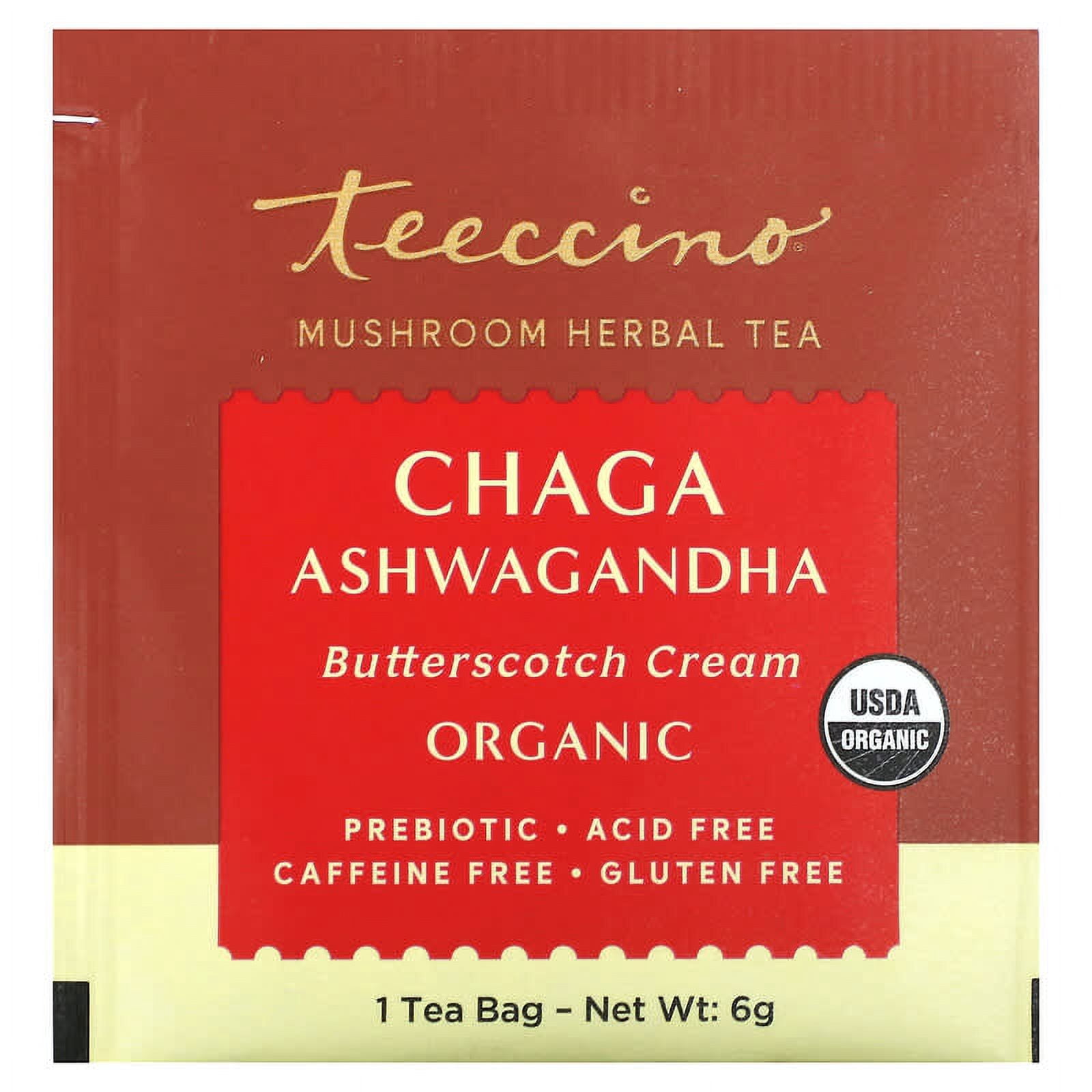 Teeccino, Organic Mushroom Herbal Tea, Chaga Ashwagandha, Butterscotch Cream, Caffeine Free, 25 Tea Bags, 5.3 oz (150 g) Pack of 2