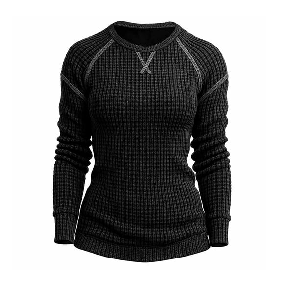 Telankuip Black Waffle Sweaters for Women Vintage Knit Round Neck Long Sleeved Sweater Lightweight Soft Comfortable Jumper Tops Winter Slim Fitted Thermal Underwear Black XL