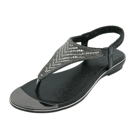

PMUYBHF Female Sandals Women Beach Summer Flat Women Summer Elastic Band Rhinestone Casual Open Toe Flat Soft Bottom Breathable Shoes Sandals 39 Black