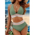 thumbnail image 2 of Women Tummy Control Swimsuits Color Block Two Piece Drawstring Bathing Suit Light Green L, 2 of 7