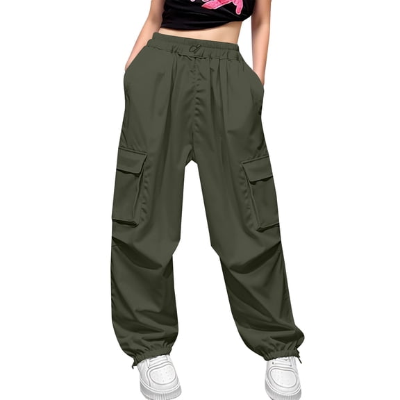 Girls' High Waist Cargo Pants, Solid Color Straight Leg Loose Fit Workwear Trousers with Utility Pockets,Trendy Street Style Pants for Casual Outfits, Outdoor Play, Easy Wear - Blackish Green