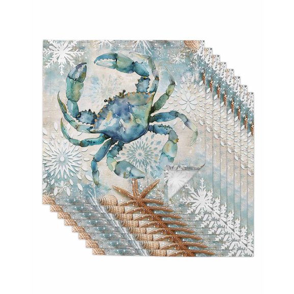 nqOlkjepod Teal Crab Coastal Cloth Napkins Set of 8 Reusable Dinner Napkins, Nautical Summer Beach Starfish Ocean Cocktail Napkin Washable Table Napkins for Wedding/Holiday Party/Baby Shower 20"x20"